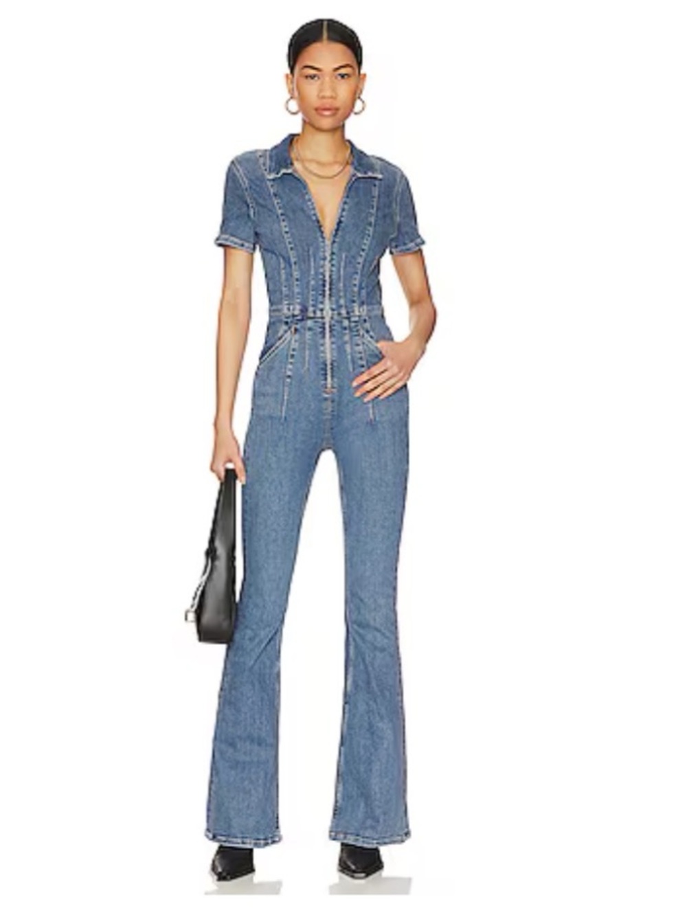 We The Free Jayde Flare Jumpsuit Size XS Denim Short Sleeves Pockets Zip Front